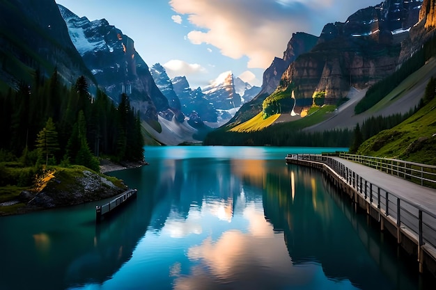 A lake surrounded by snow covered mountains