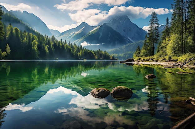 a lake surrounded by trees and mountains