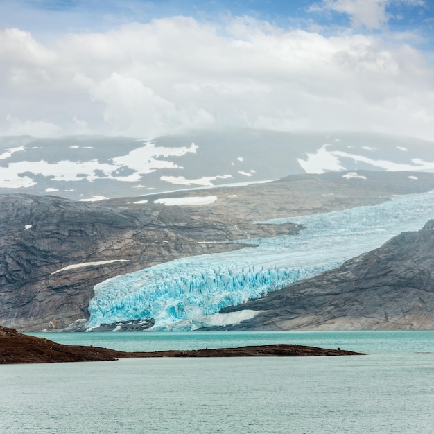 Lake Svartisvatnet and cloudy view to Svartisen Glacier Meloy Norway