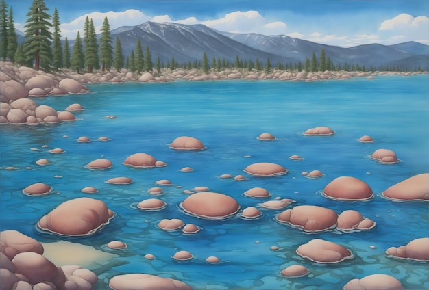 Lake Tahoe liquid watercolors in deep blue water with stones