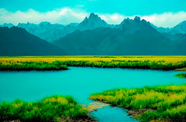 Lake view to the mountain beautiful summer landscape with turquoise water and green grass