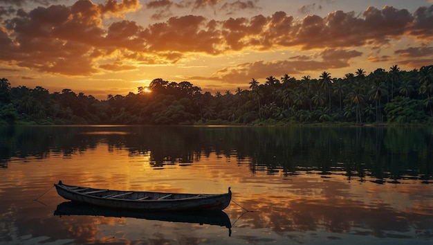 lake view in sunset with a boat