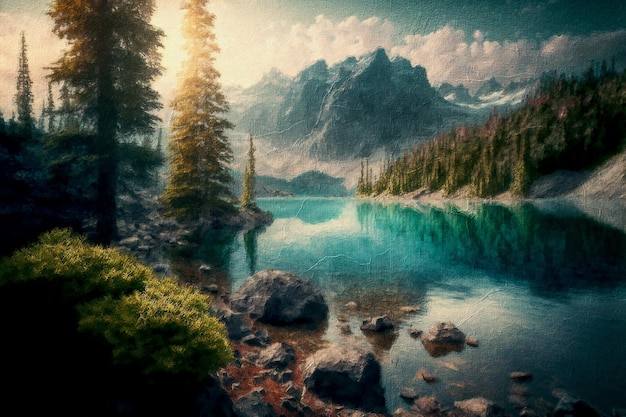 lake view with mountains background, generative ai