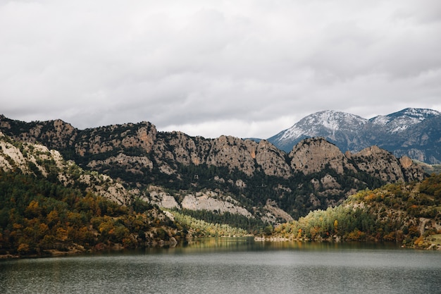 Lake views with mountains at the background with dry trees and snow in the peak