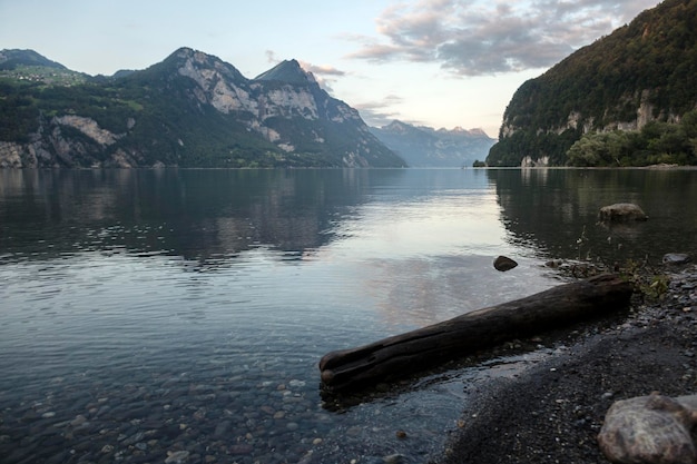 The Lake Walensee and a part of the mountain chain of the Churfirsten landscape in the Canton St Gallen in Switzerland