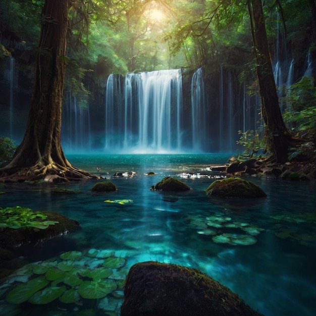 lake waterfalls scene movie Avatar sky forests landscape world essence trees canopies