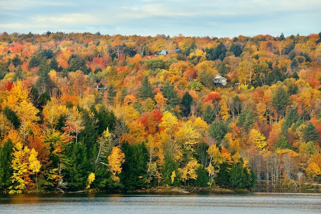 Lake with Autumn foliage and mountains in New England Stowe