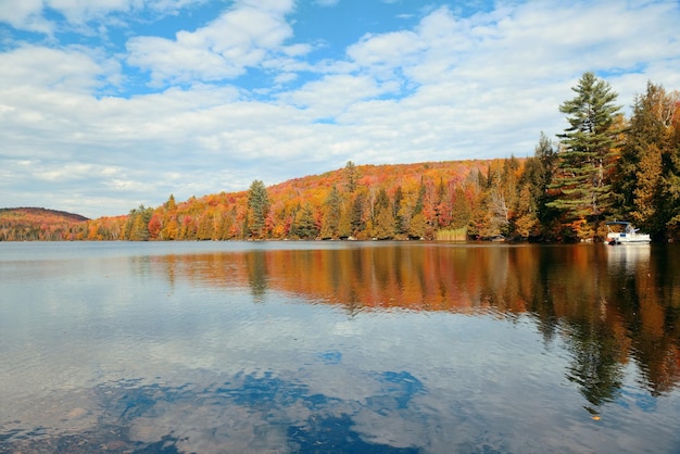 Lake with Autumn foliage and mountains with reflection in New England Stowe