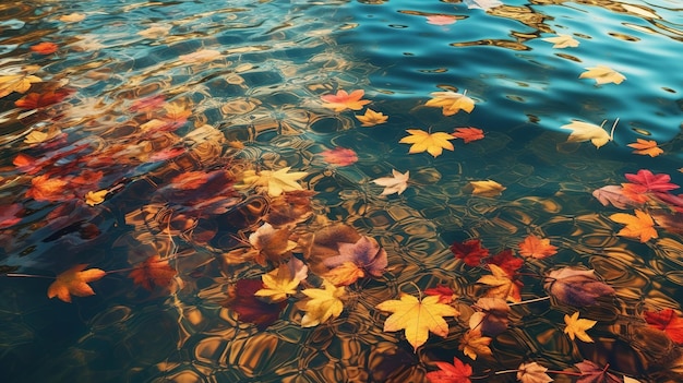 A lake with autumn leaves floating on the water