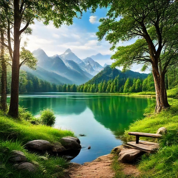 a lake with a bench and a bench in the foreground and mountains in the background