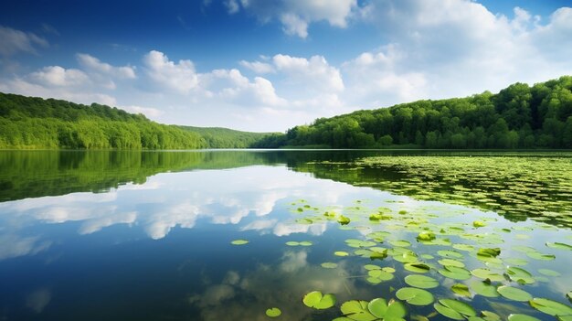 A lake with a blue sky and green leaves and a few clouds