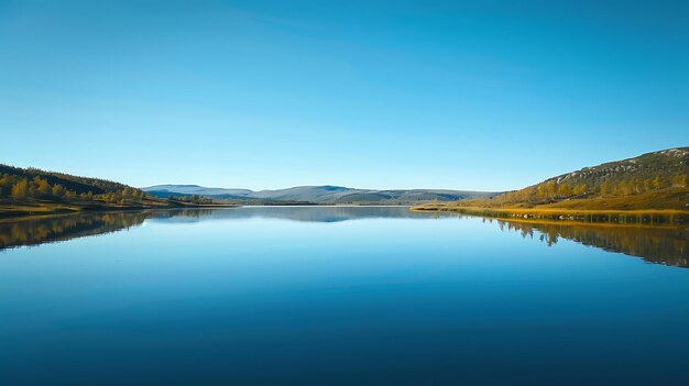 a lake with a blue sky and a mountain in the background