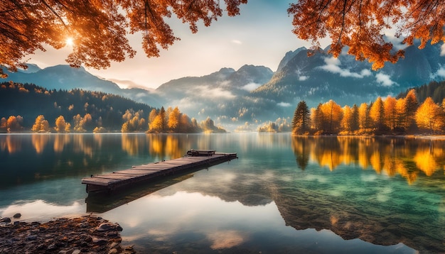 a lake with a boat and a dock in the middle of it