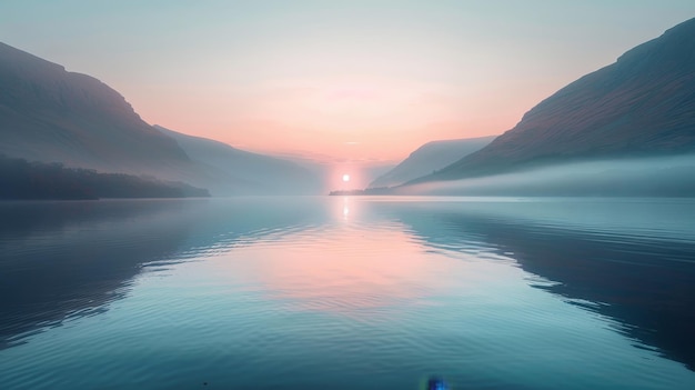 a lake with a boat and a mountain in the background