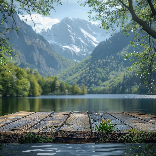 Photo a lake with a boat and a mountain in the background