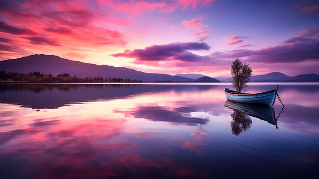 a lake with a boat and mountains in the background