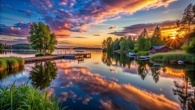 a lake with a boat and a sunset in the background