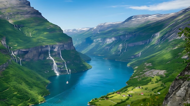 a lake with a boat in the water and a mountain in the background