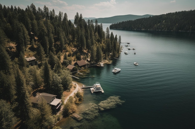 A lake with a boathouse on the water