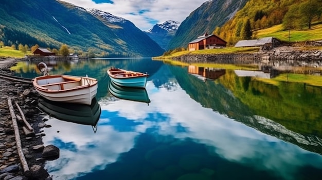 A lake with boats on it and a mountain in the background