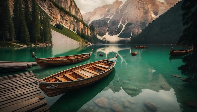 A lake with boats on it and mountains in the background.