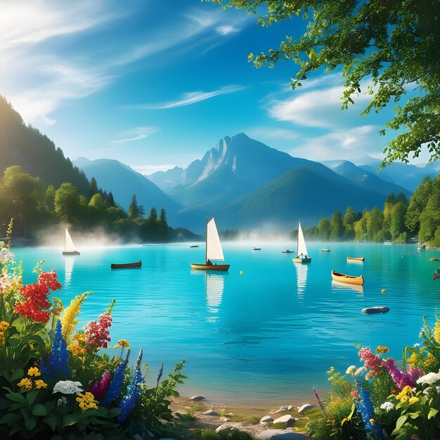 a lake with boats and the mountains in the background