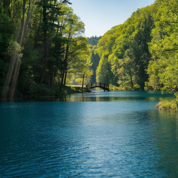 a lake with a bridge in the middle of it