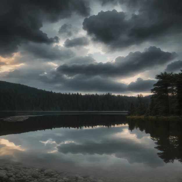 A lake with a cloudy sky and trees in the background.