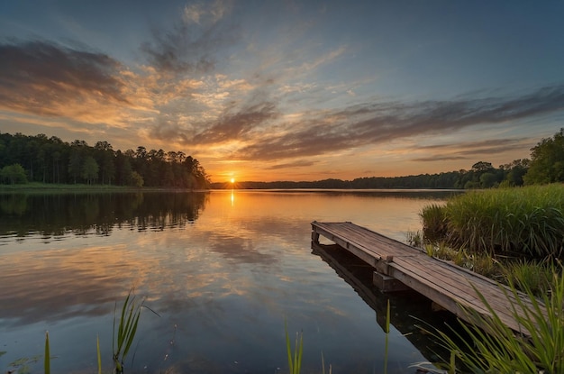 Photo a lake with a dock and a dock in the foreground and a sunset in the background