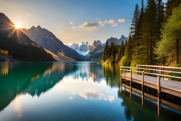 A lake with a dock and mountains in the background