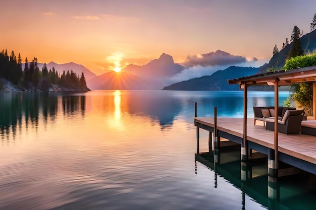 A lake with a dock and a sunset in the background