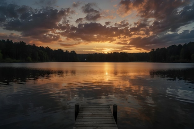 a lake with a dock and a sunset on the water