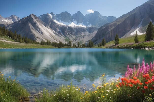 Lake with Flowers and Mountains in the Background