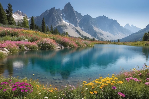 Lake with Flowers and Mountains in the Background