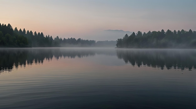 a lake with a forest in the background and a boat in the water