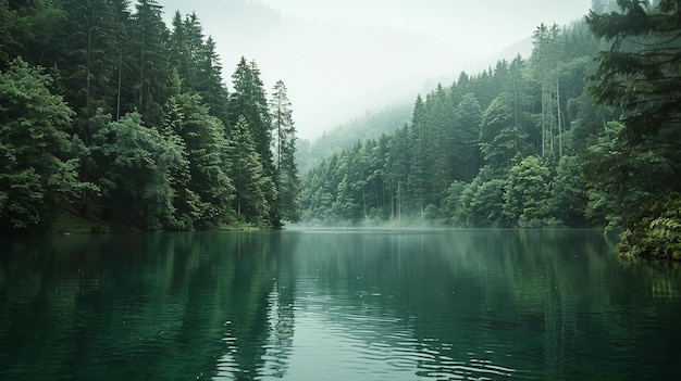 Photo a lake with a forest in the background and a mountain in the background