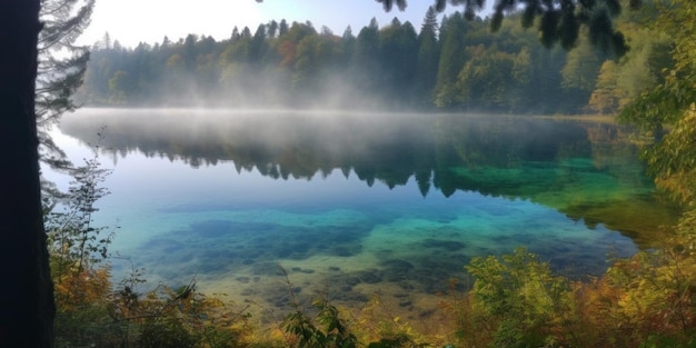 A lake with a forest in the background