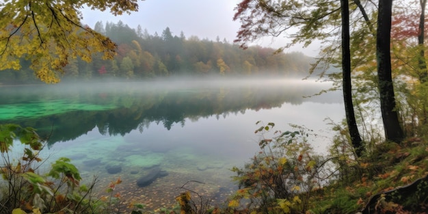 A lake with a forest in the background