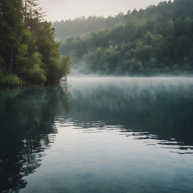 a lake with a forest and a foggy background