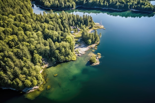 A lake with a forest in the foreground and a forest in the background.