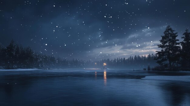 Photo a lake with a forest and snow falling on it ai