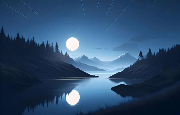 a lake with a full moon and a full moon in the sky