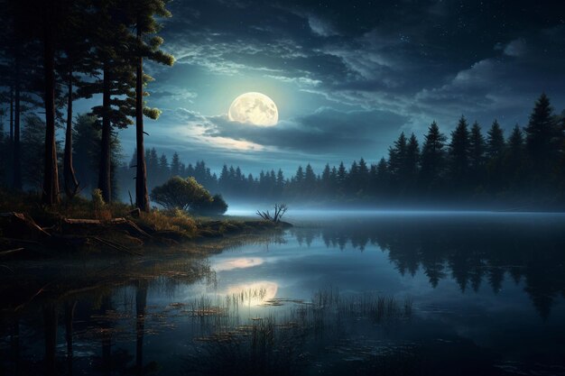 Photo a lake with a full moon and trees in the background