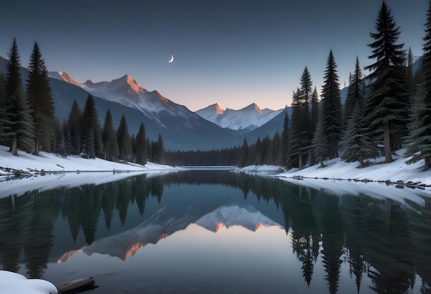 a lake with a full moon and trees in the background