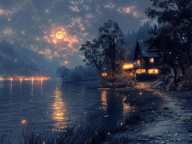 a lake with a house on the water and the moon in the sky