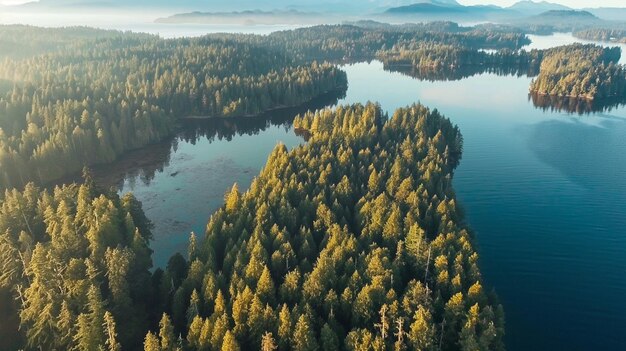 a lake with a lake in the background Aerial View of Winding Path Through Forest Leading to Lake