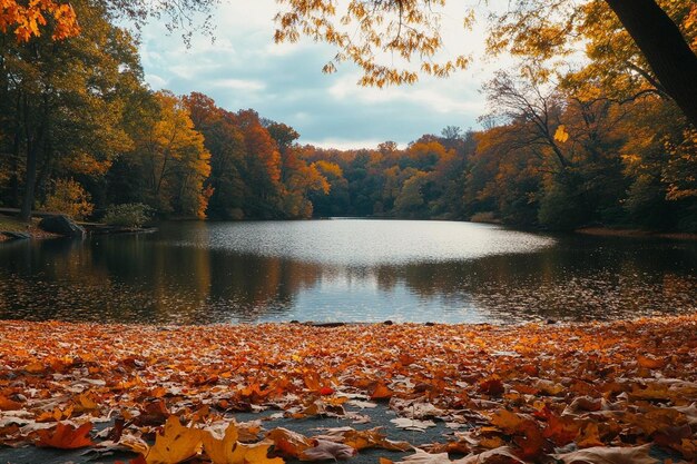 Photo a lake with leaves on the ground and a lake in the background