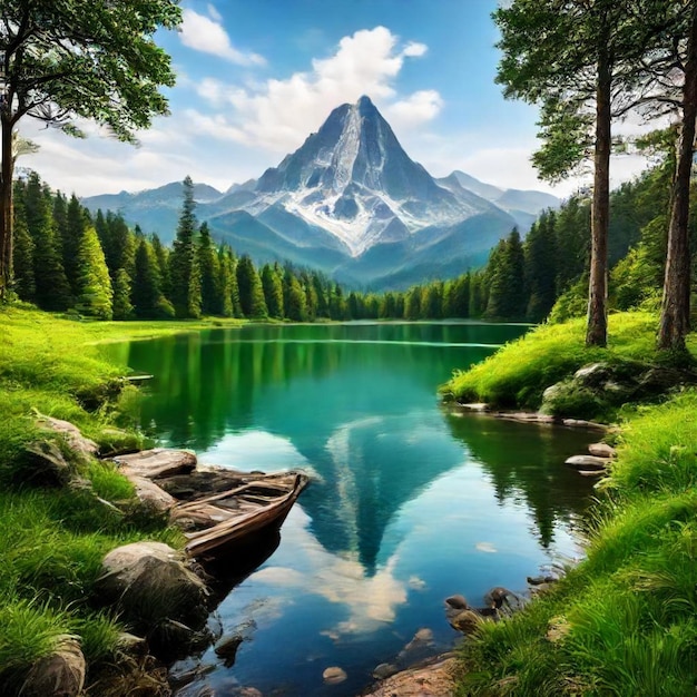 a lake with a mountain in the background and a lake with a mountain in the background