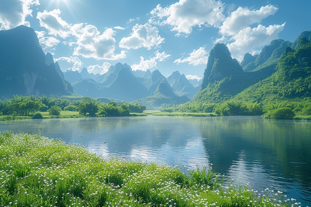 a lake with a mountain in the background and a lake with a mountain in the background