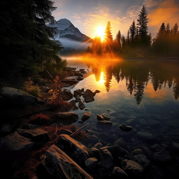 a lake with a mountain in the background and a lake with trees in the background.